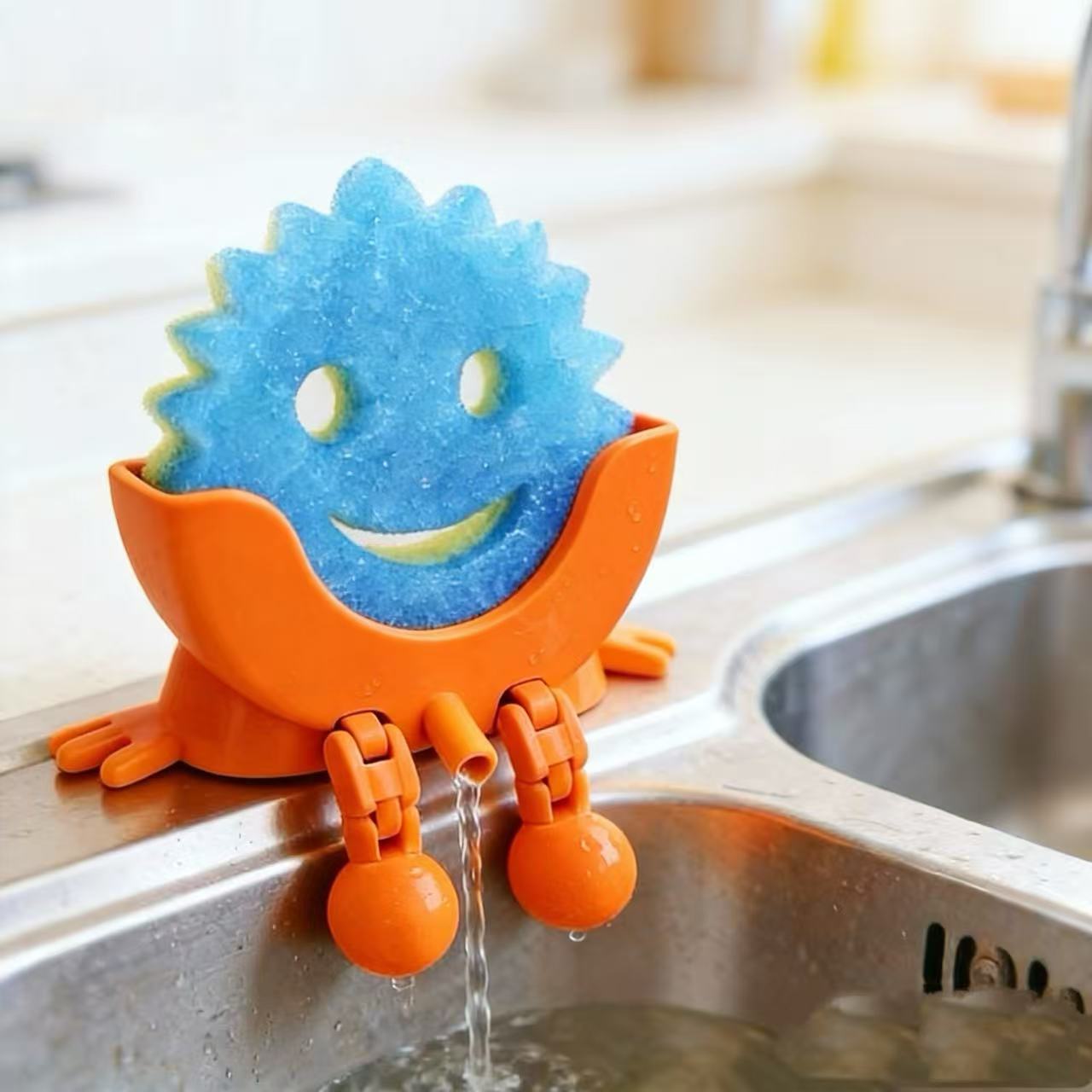 Creative Hanging Sponge Holder with Drainage/Traceless Glue, 3D Printing Countertop Funny Sponge Holders for Kitchen Sink, Keeps Your Sponge Dry & Smiling, for Scrub Daddy Holder