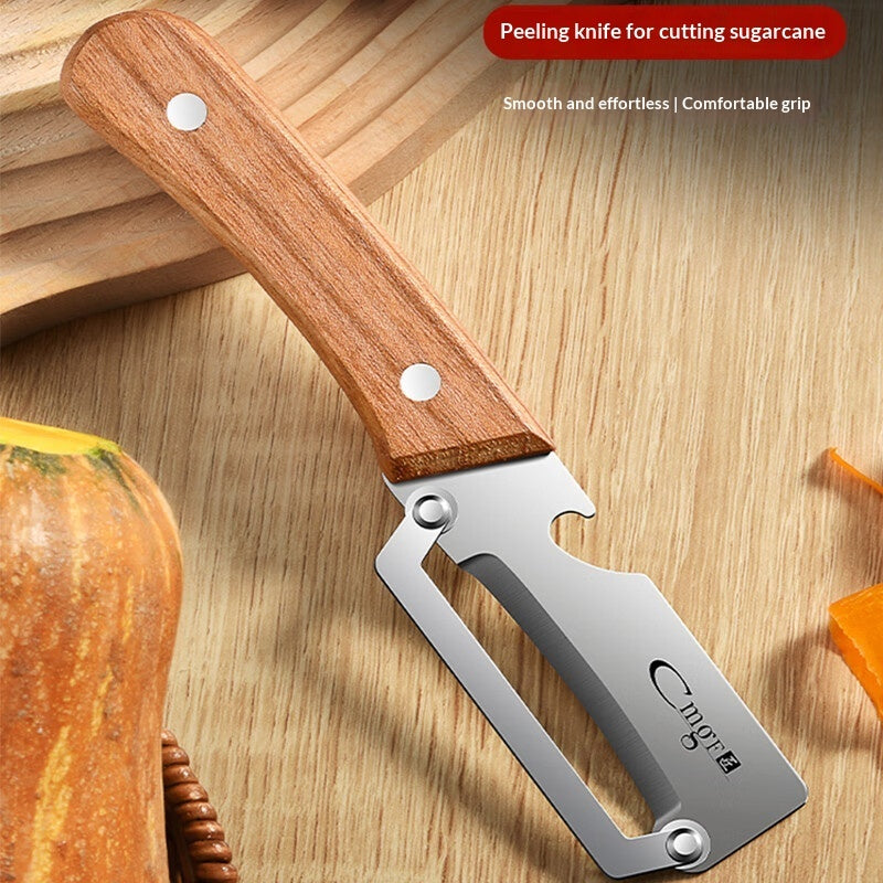 Sakerplus Multifunctional Vegetable Peeler with Wooden Handle and Bottle Opener, 2-in-1 Stainless Steel Blade, Contour-Flow for Kitchen Prep, Camping, Apple Potato Pumpkin Papaya Peeling