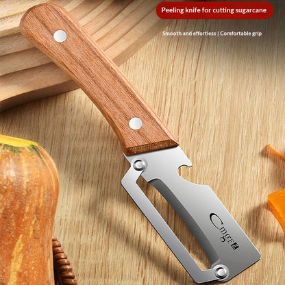 Sakerplus Multifunctional Vegetable Peeler with Wooden Handle and Bottle Opener, 2-in-1 Stainless Steel Blade, Contour-Flow for Kitchen Prep, Camping, Apple Potato Pumpkin Papaya Peeling
