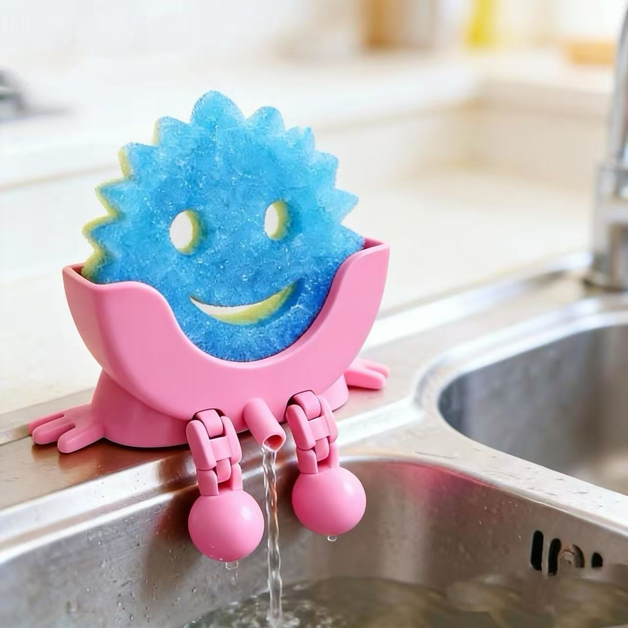 Creative Hanging Sponge Holder with Drainage/Traceless Glue, 3D Printing Countertop Funny Sponge Holders for Kitchen Sink, Keeps Your Sponge Dry & Smiling, for Scrub Daddy Holder