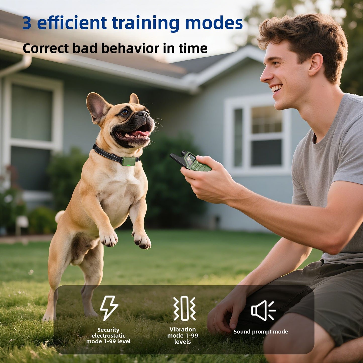 Remote-controlled dog trainer collar, anti-bark dog training device, safe for small and large dogs.