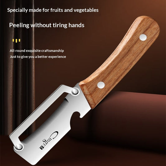 Sakerplus Multifunctional Vegetable Peeler with Wooden Handle and Bottle Opener, 2-in-1 Stainless Steel Blade, Contour-Flow for Kitchen Prep, Camping, Apple Potato Pumpkin Papaya Peeling