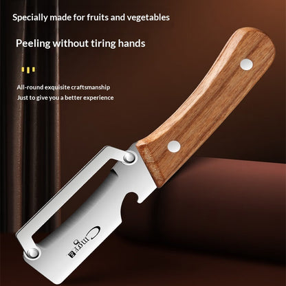 Sakerplus Multifunctional Vegetable Peeler with Wooden Handle and Bottle Opener, 2-in-1 Stainless Steel Blade, Contour-Flow for Kitchen Prep, Camping, Apple Potato Pumpkin Papaya Peeling
