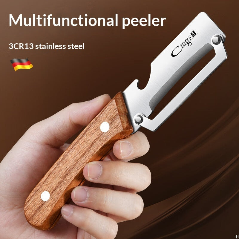 Sakerplus Multifunctional Vegetable Peeler with Wooden Handle and Bottle Opener, 2-in-1 Stainless Steel Blade, Contour-Flow for Kitchen Prep, Camping, Apple Potato Pumpkin Papaya Peeling