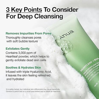 Anua Heartleaf Quercetinol Pore Deep Cleansing Foam, Face wash for Pore Refining Cleanser, Hydrating Daily Facial Cleanser For Double Cleansing, Gentle Foaming with BHA, Korean Skincare, 5.07 fl.oz.