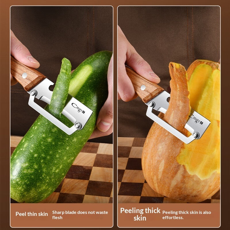 Sakerplus Multifunctional Vegetable Peeler with Wooden Handle and Bottle Opener, 2-in-1 Stainless Steel Blade, Contour-Flow for Kitchen Prep, Camping, Apple Potato Pumpkin Papaya Peeling