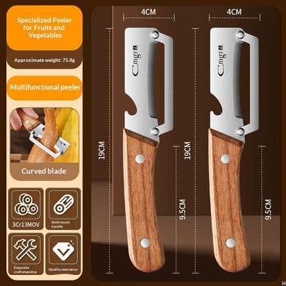 Sakerplus Multifunctional Vegetable Peeler with Wooden Handle and Bottle Opener, 2-in-1 Stainless Steel Blade, Contour-Flow for Kitchen Prep, Camping, Apple Potato Pumpkin Papaya Peeling