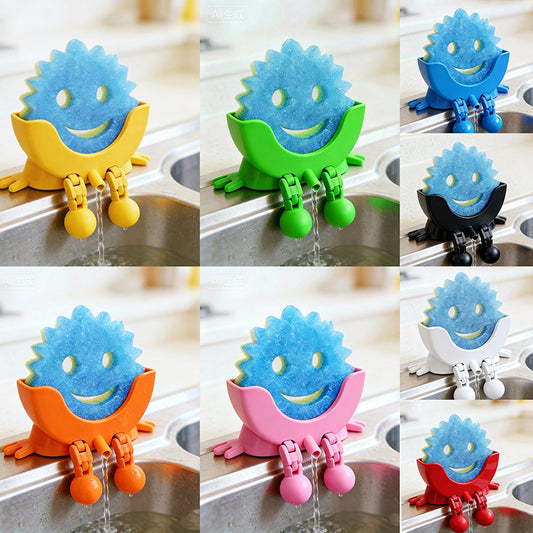 Creative Hanging Sponge Holder with Drainage/Traceless Glue, 3D Printing Countertop Funny Sponge Holders for Kitchen Sink, Keeps Your Sponge Dry & Smiling, for Scrub Daddy Holder
